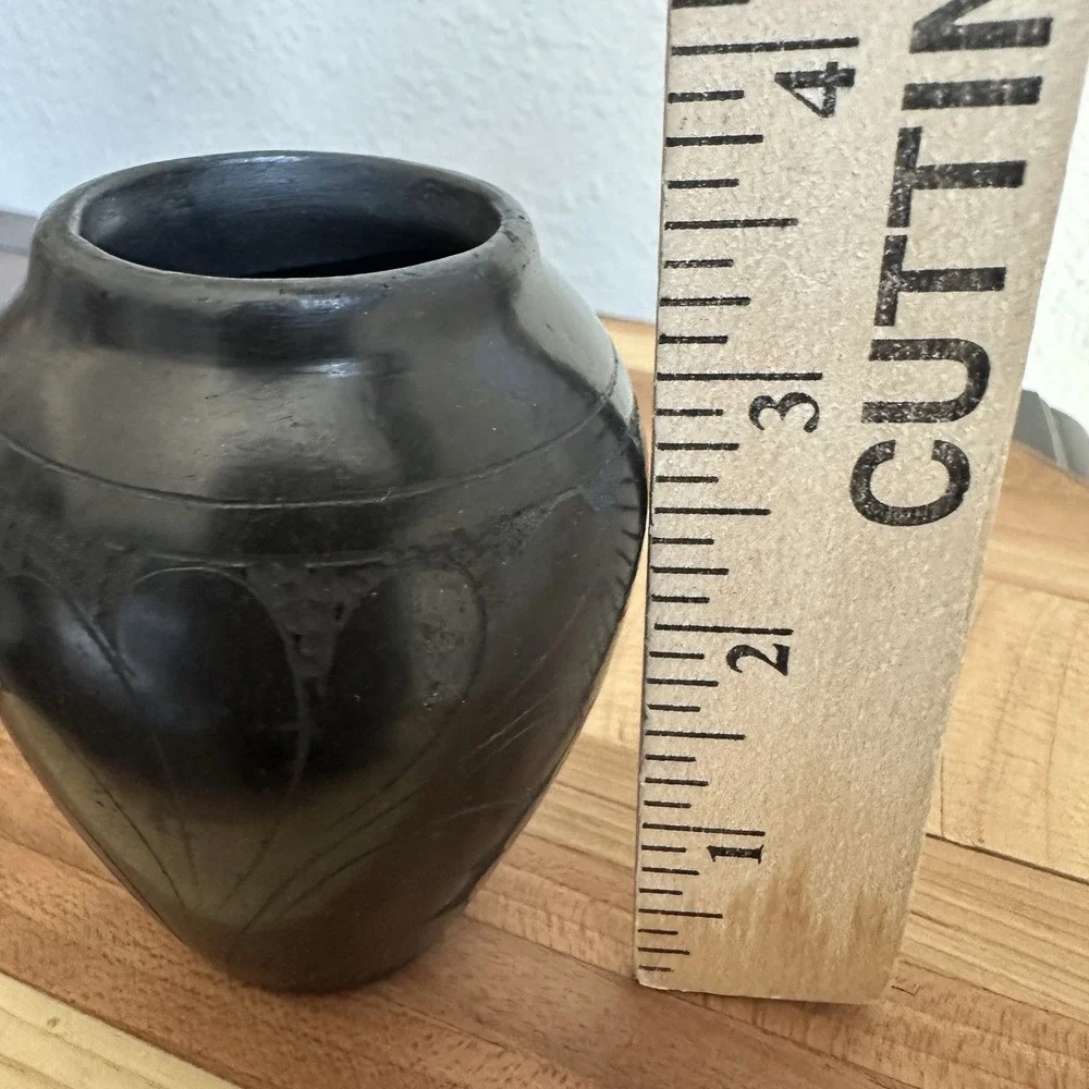 Vintage Artisan Signed Marginea Pottery Vase 3.5 Inch Black Carved Floral Leaves